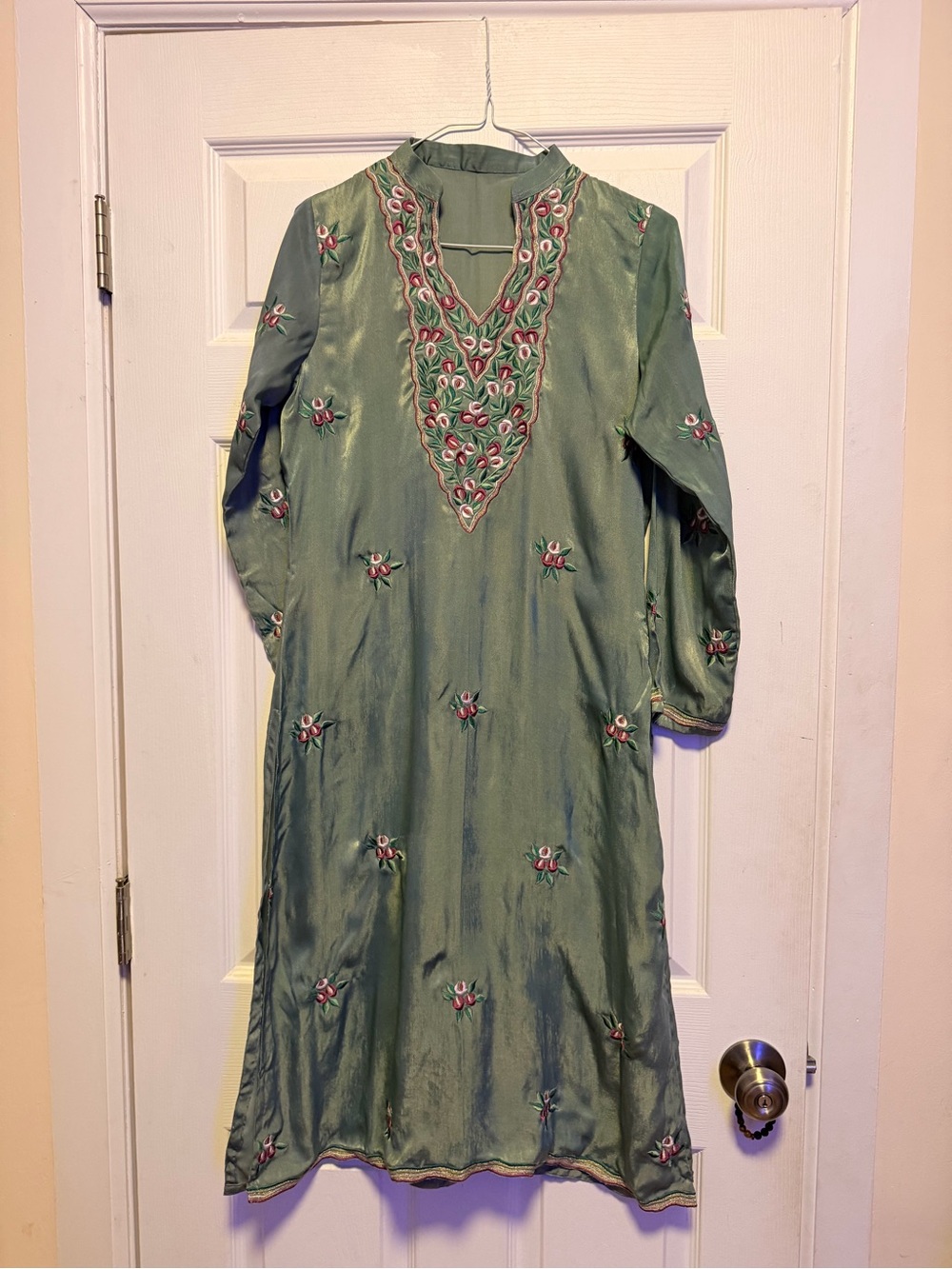 Green Embroidered Tunic Dress with Pink Floral Accents